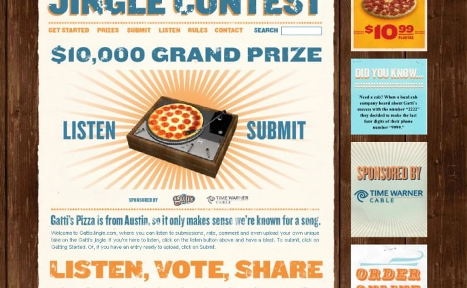 Gatti's Pizza anniversary jingle competition website