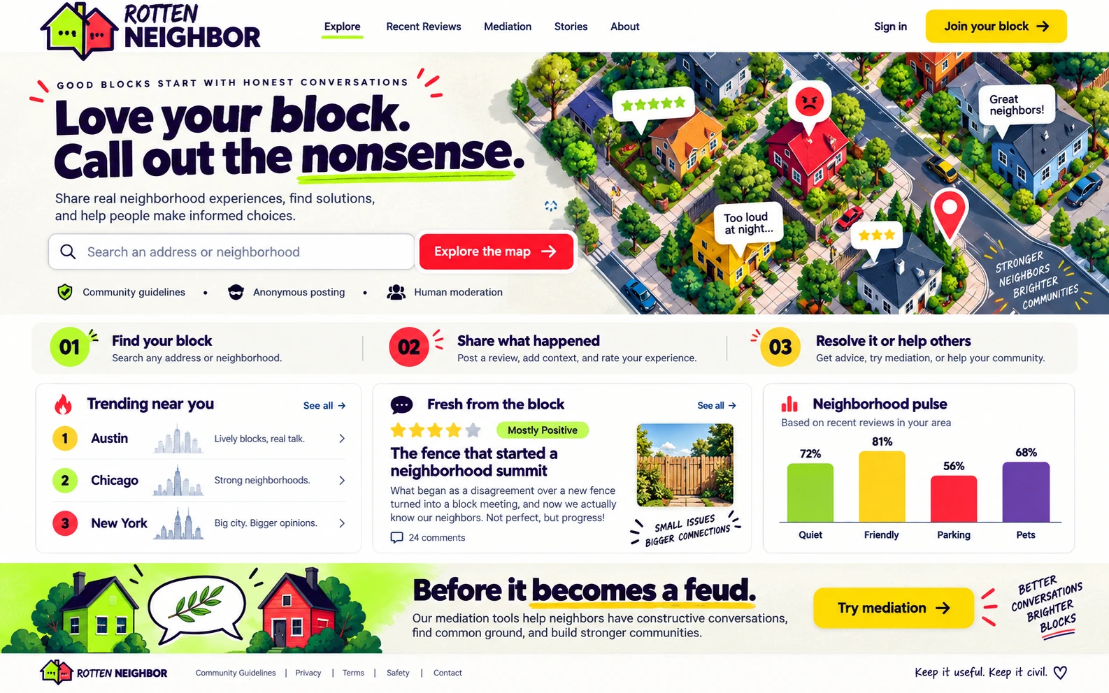 Modern Rotten Neighbor map-based community platform redesign