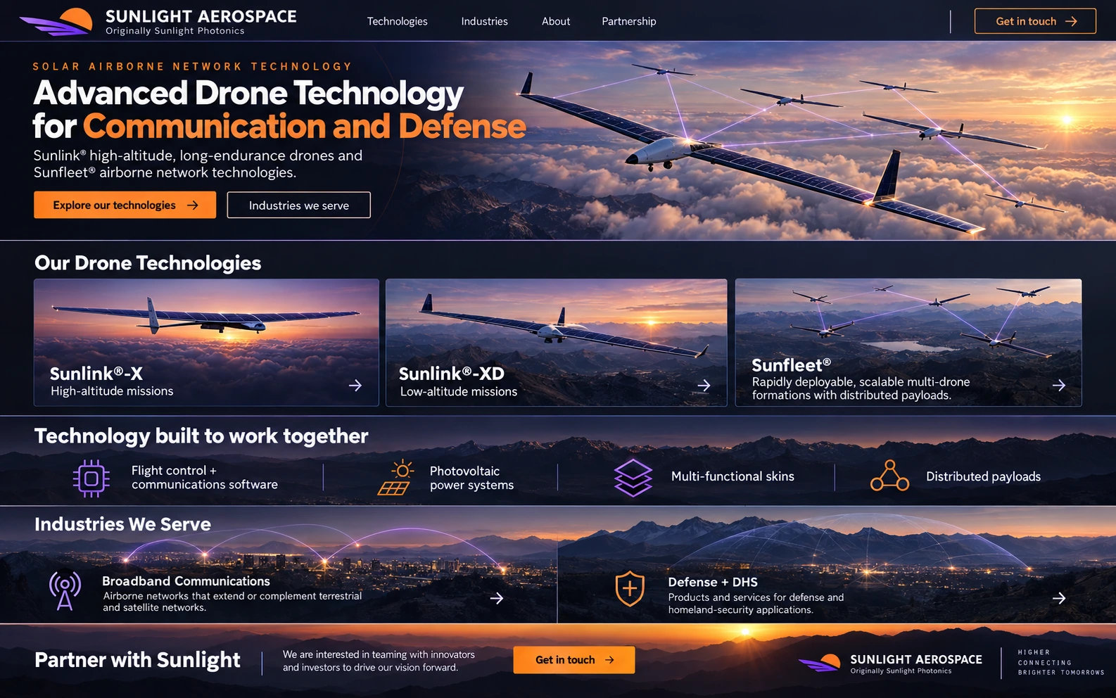 Modern Sunlight Aerospace solar drone and airborne network website redesign, originally Sunlight Photonics