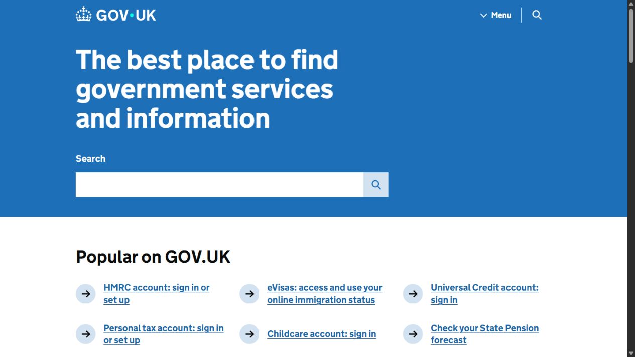 GOV.UK website homepage design example