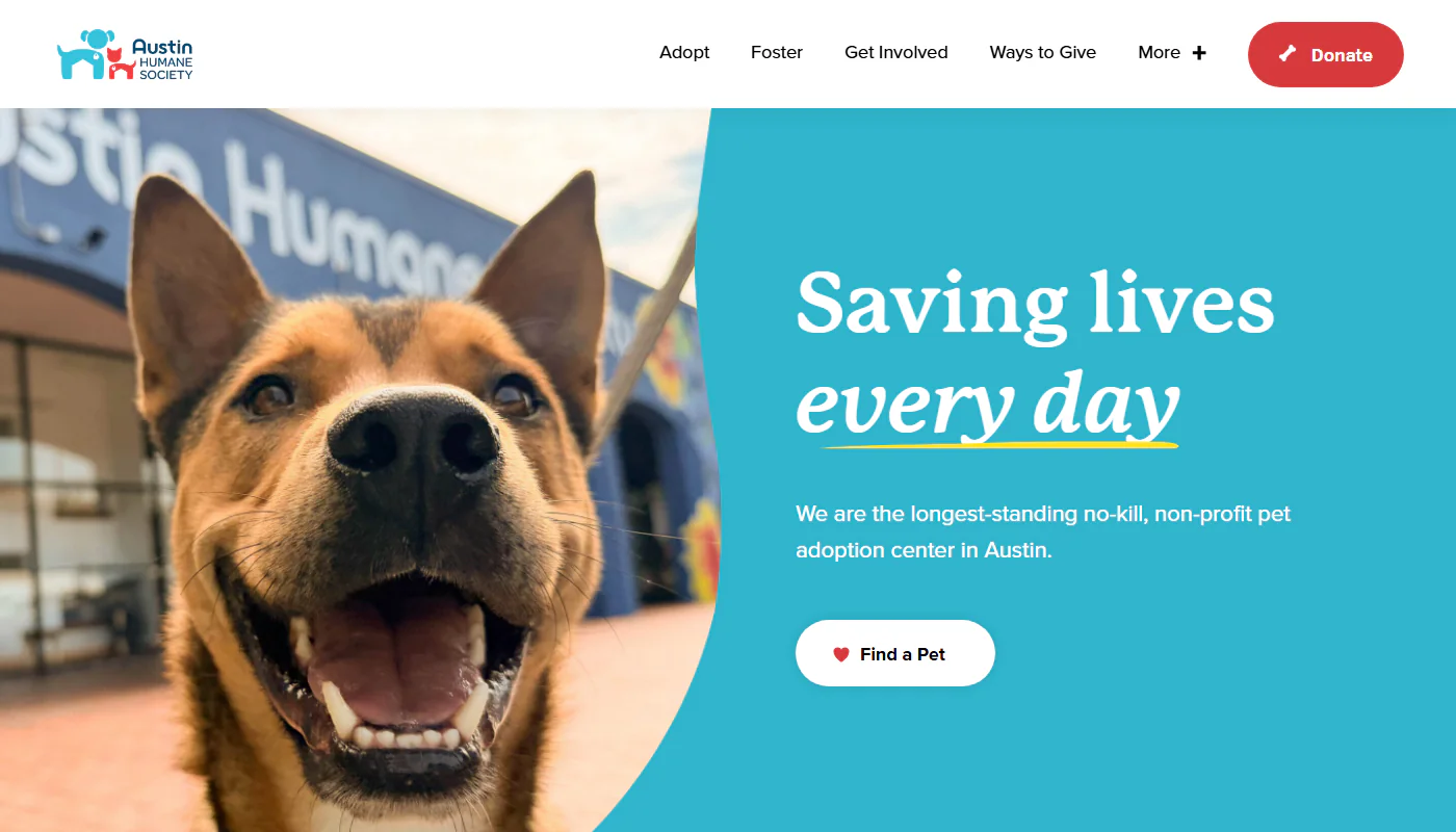 Austin Humane Society redesigned homepage