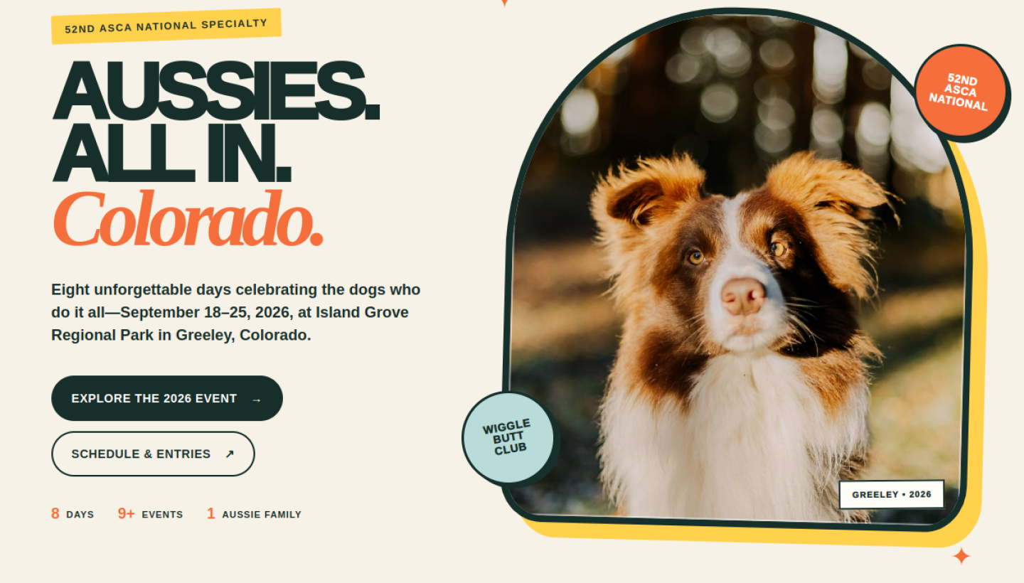 Aussie Obsessed event website featuring an Australian Shepherd