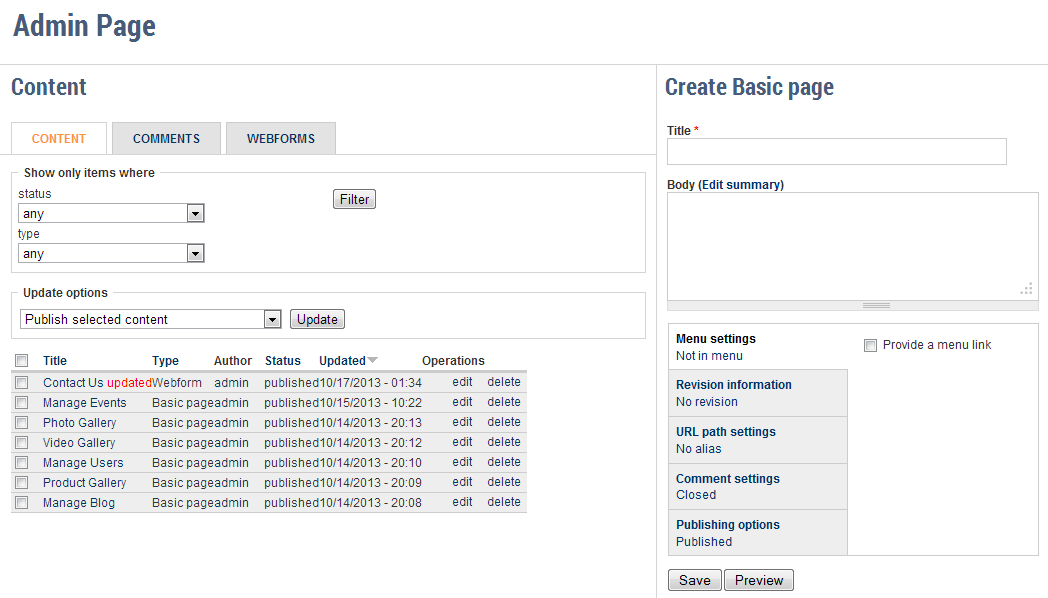 how to render create page form & list of contents in page.tpl.php