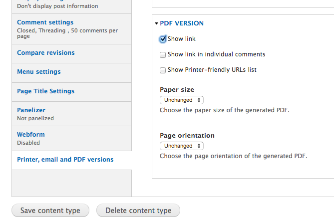 How do I enable the "print PDF" link on only a specific page?