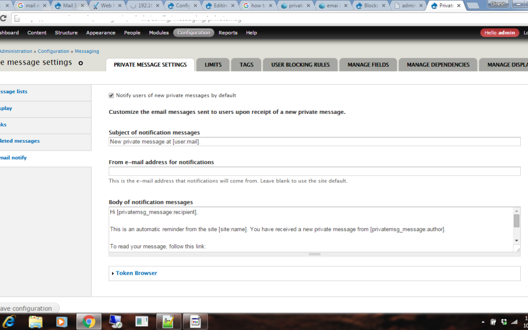 Email notification via private message module