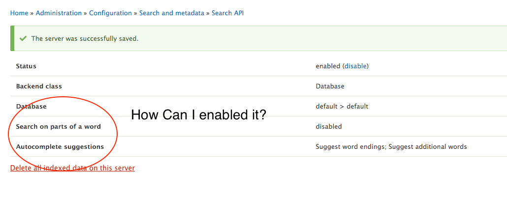 How can I enable search on parts of a word and autocomplete suggestions?