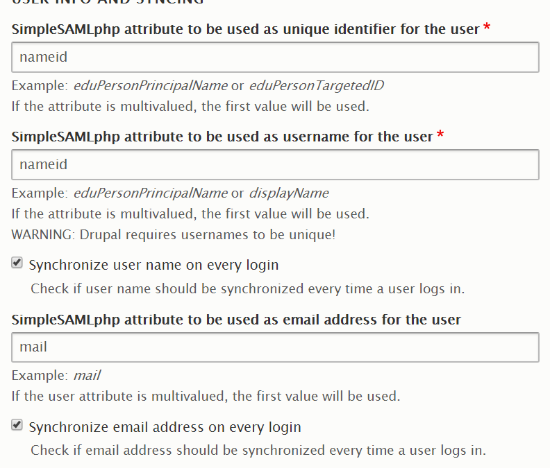 Error in simplesamlphp_auth.module: no valid attribute set
